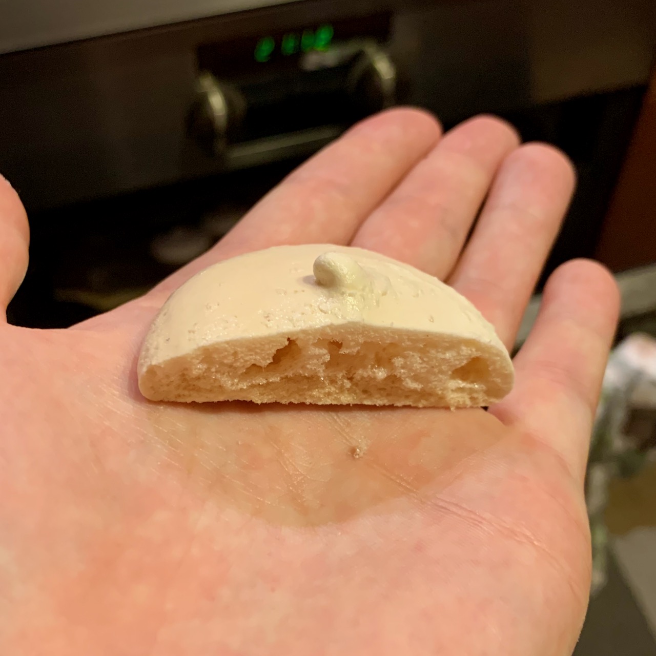 Cross section of a baked vegan meringue